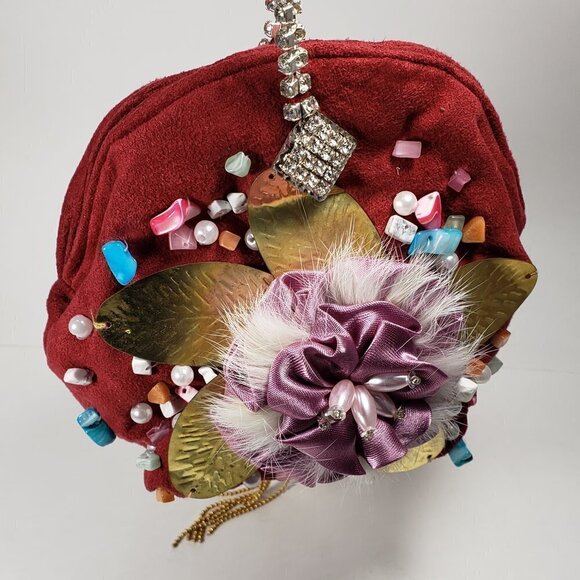 Red Coin Purse with Pink Satin Flower, Gems & Gold Leaf – Statement Mini Bag - Picture 9 of 13
